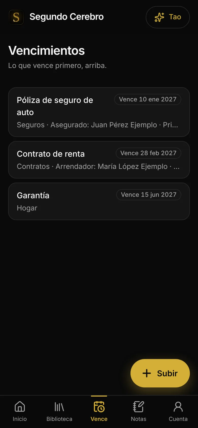 Vencimientos de documentos en Segundo Cerebro